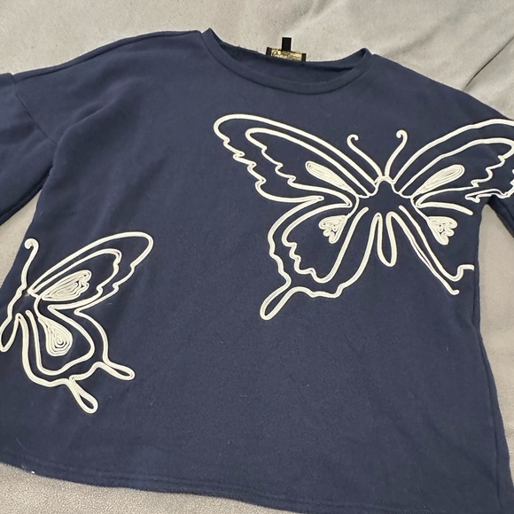 Navy Butterfly Fleece Bell Puff Sleeve Sweatshirt DG2 by Diane Gilman. Crew. Sm - Picture 1 of 16